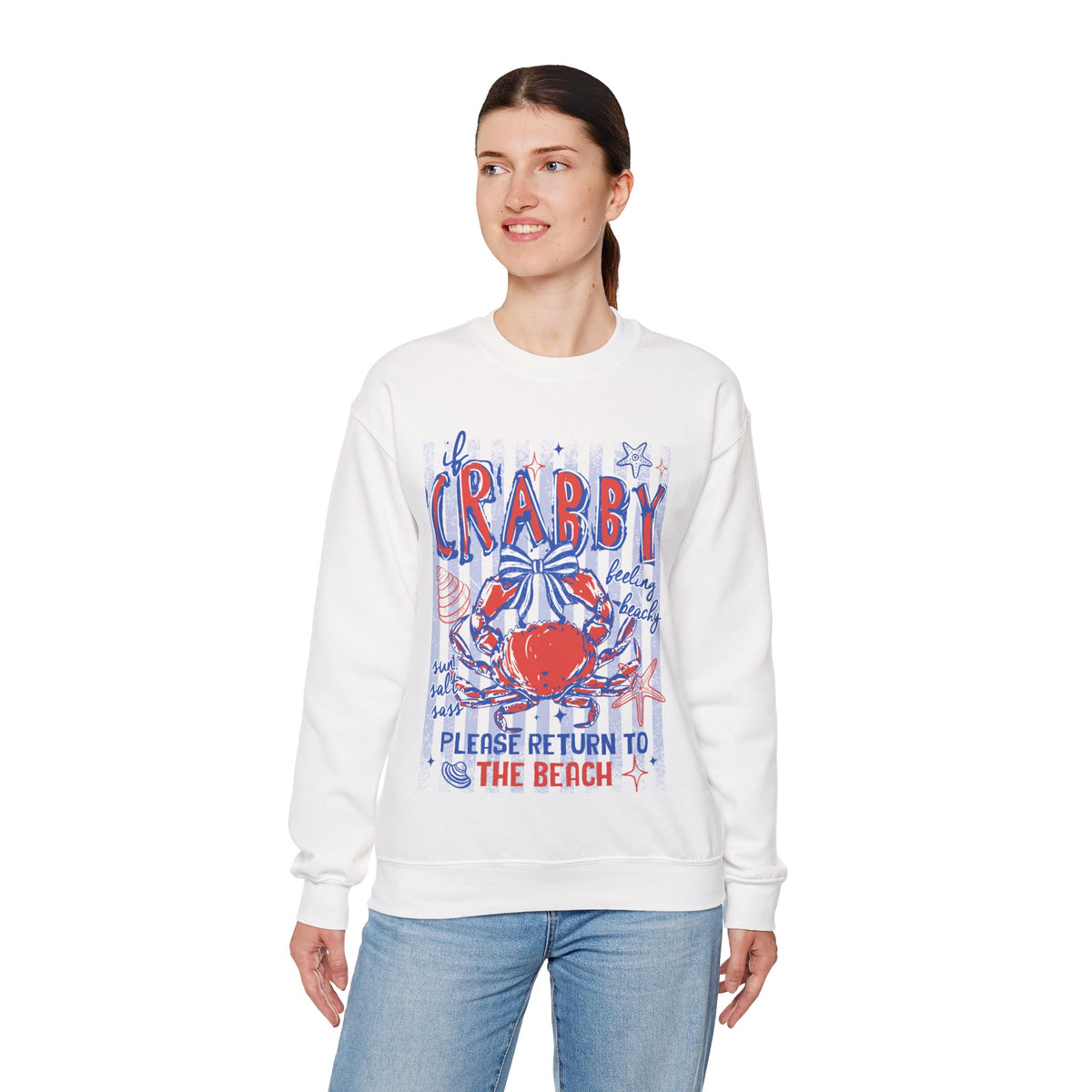 If Crabby, Please Return to Beach – Gildan Heavy Blend | Trendy Men's & Women’s Soft Sweatshirt. Direct to Garment. Printed & Shipped in the USA. Unisex Sizes.