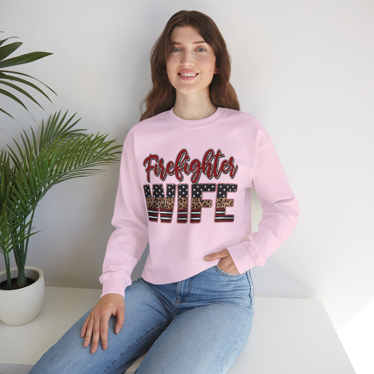 Firefighter Wife Patriotic Flag Lettering for Firefighter Spouse – Gildan Heavy Blend | Trendy Women’s Soft Sweatshirt. Direct to Garment. Printed & Shipped in the USA. Unisex Sizes.