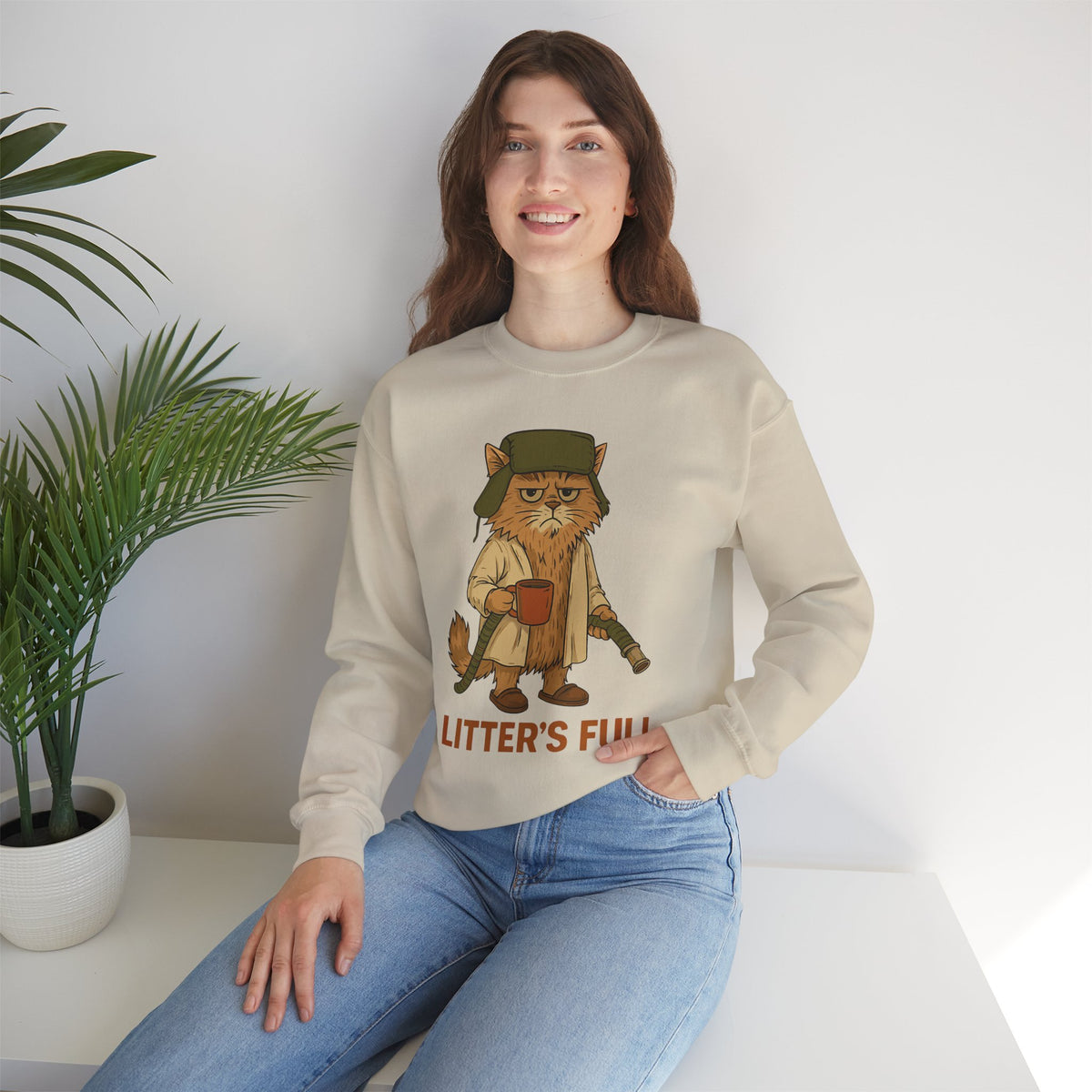 Litter's Full, Funny Cat – Gildan Heavy Blend | Trendy Men's and Women’s Soft Sweatshirt. Direct to Garment. Printed & Shipped in the USA. Unisex Sizes.