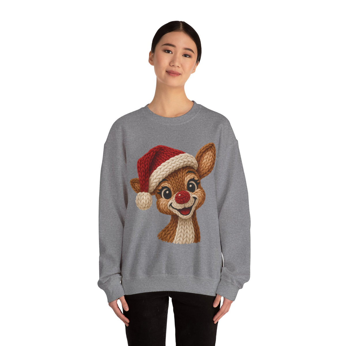 Cute Rudolph Faux Knit Look Reindeer w/Santa Hat – Gildan Heavy Blend | Trendy Women’s Soft Sweatshirt. Direct to Garment. Printed & Shipped in the USA. Unisex Sizes.