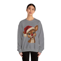 Cute Rudolph Faux Knit Look Reindeer w/Santa Hat – Gildan Heavy Blend | Trendy Women’s Soft Sweatshirt. Direct to Garment. Printed & Shipped in the USA. Unisex Sizes.