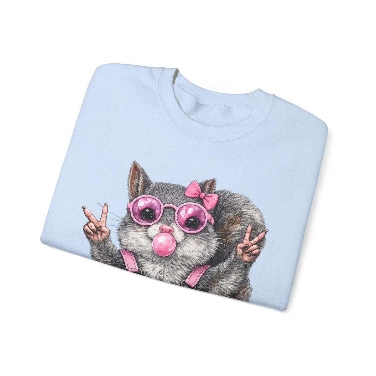 Cute But Feral, Squirrel in Pink Bibs – Gildan Heavy Blend | Trendy Women’s Soft Sweatshirt. Direct to Garment. Printed & Shipped in the USA. Unisex Sizes.