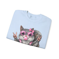 Cute But Feral, Squirrel in Pink Bibs – Gildan Heavy Blend | Trendy Women’s Soft Sweatshirt. Direct to Garment. Printed & Shipped in the USA. Unisex Sizes.