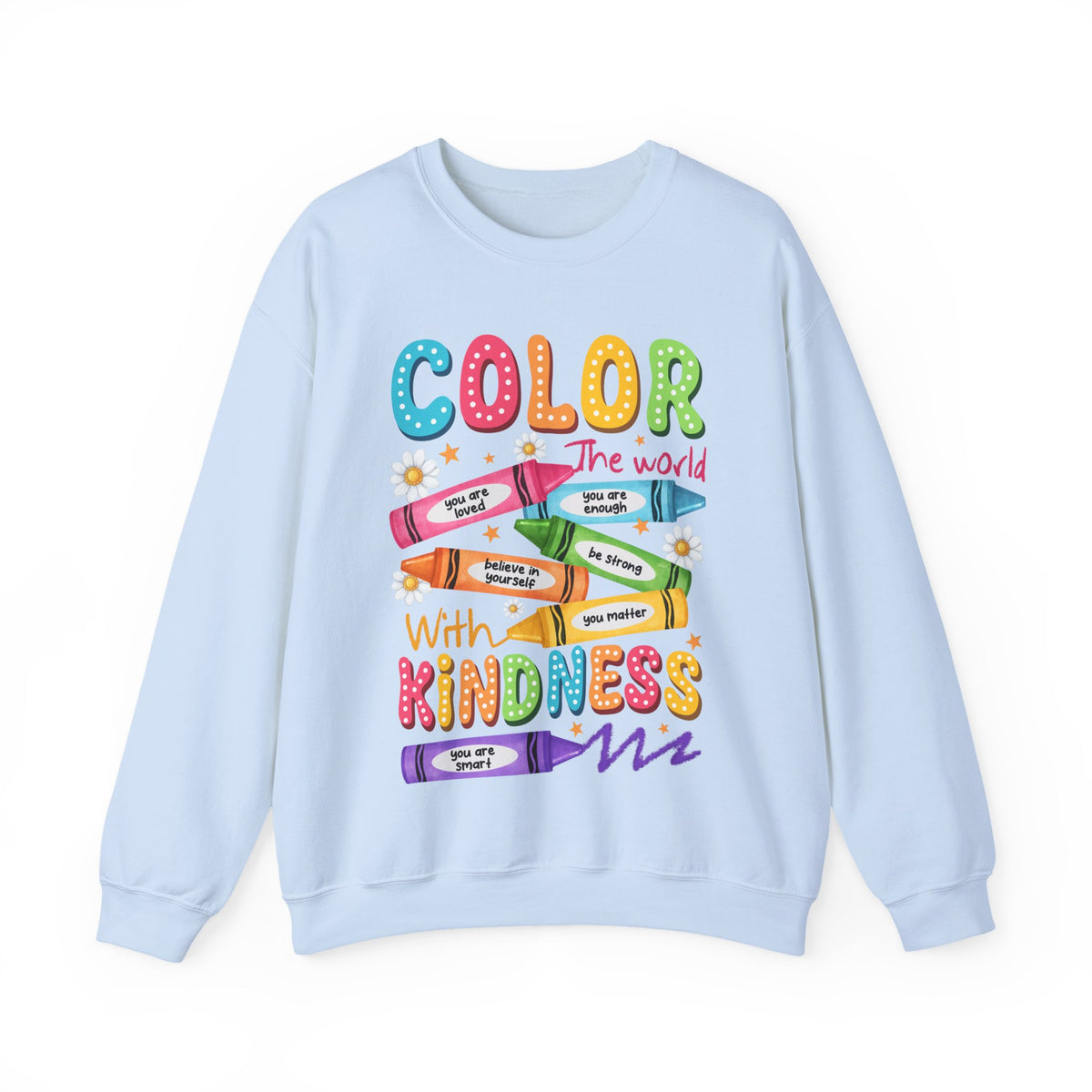 Color the World With Kindness Crayons, Great Teacher Gift – Gildan Heavy Blend | Trendy Women’s and Men's Soft Sweatshirt. Direct to Garment. Printed & Shipped in the USA. Unisex Sizes.