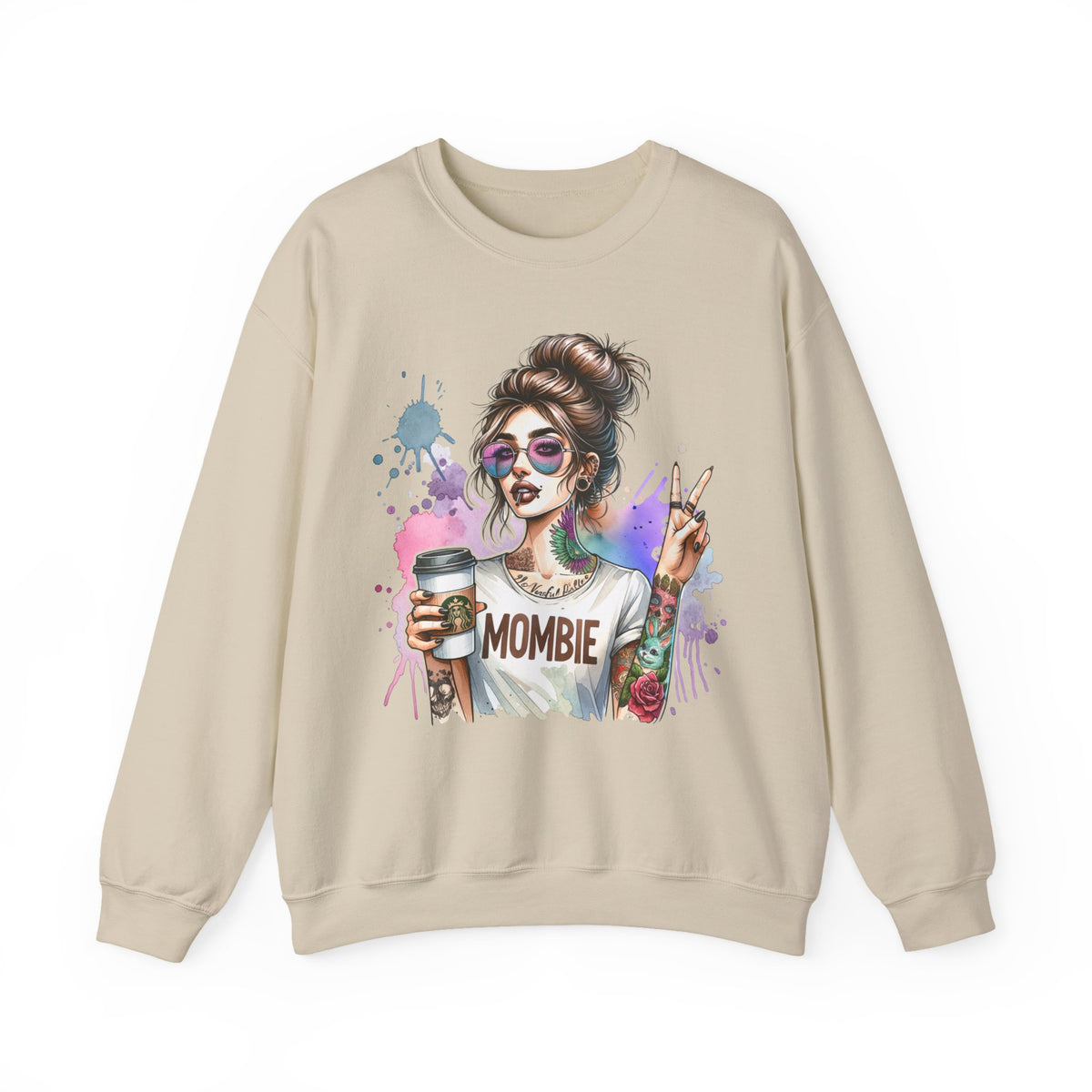 Cool Mombie with Coffee Peace Tattoo - Tired Mom – Gildan Heavy Blend | Trendy Women’s Soft Sweatshirt. Direct to Garment. Printed & Shipped in the USA. Unisex Sizes.