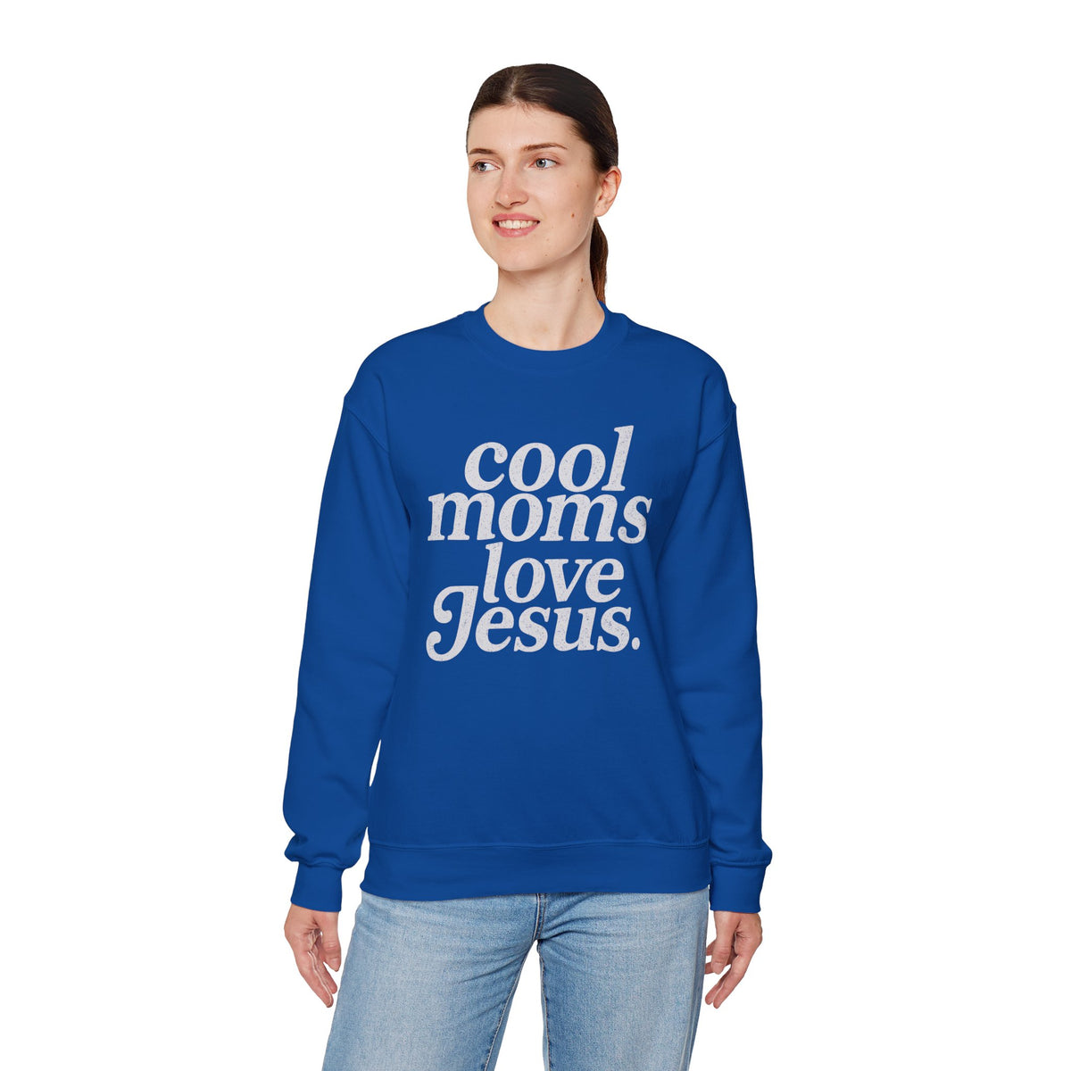 Cool Moms Love Jesus – Gildan Heavy Blend | Trendy Women’s Soft Sweatshirt. Direct to Garment. Printed & Shipped in the USA. Unisex Sizes.