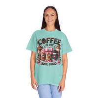 Coffee Is My Soul Food, Iced Coffee, Pink Bow - Comfort Colors | Trendy Women's T-Shirt. Direct to Garment. Printed & Shipped in the USA. Unisex Sizes.