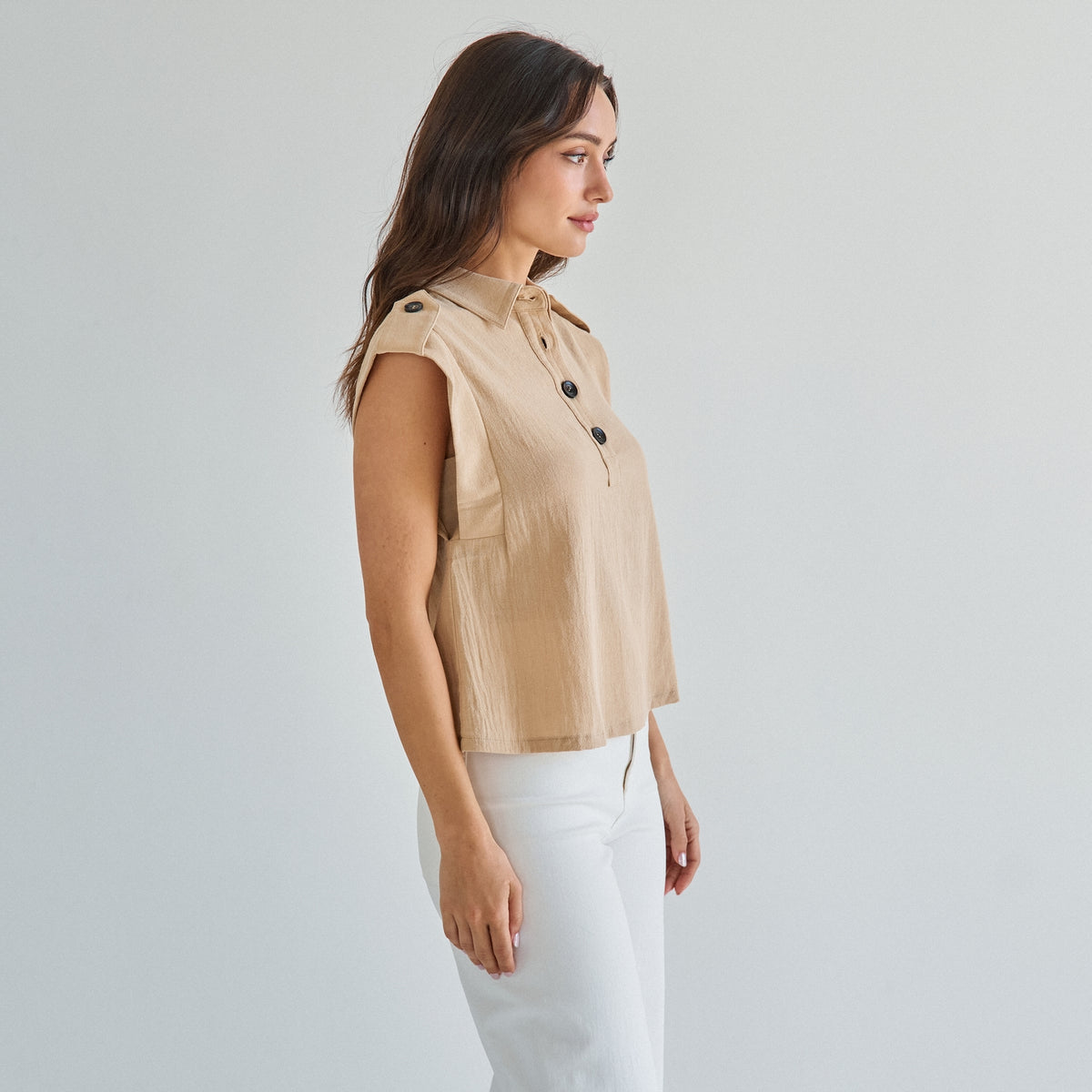 Sleeveless Button 100% Cotton Beige Top w/Extra Side Bra Coverage