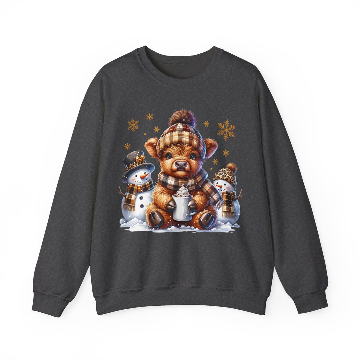 Cute Highland Cow with Snowmen, Winter – Gildan Heavy Blend | Trendy Women’s Soft Sweatshirt. Direct to Garment. Printed & Shipped in the USA. Unisex Sizes.
