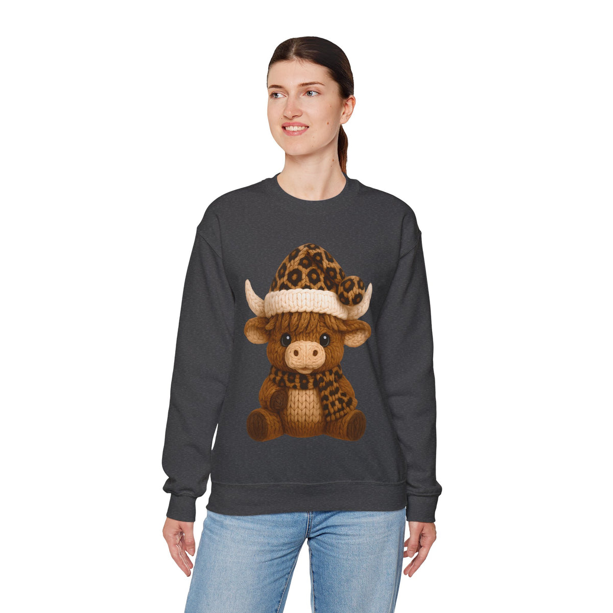 Cute Highland Cow with Leopard Santa Hat Christmas – Gildan Heavy Blend | Trendy Women’s Soft Sweatshirt. Direct to Garment. Printed & Shipped in the USA. Unisex Sizes.