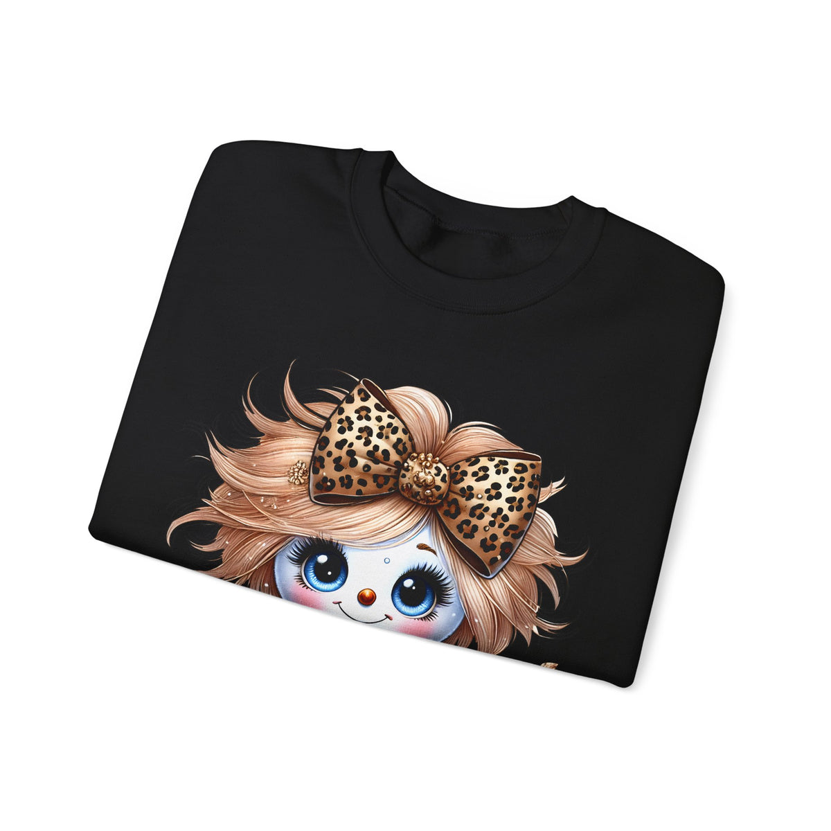 Snowgirl Cute Leopard Bow Snowman, Winter Cozy – Gildan Heavy Blend | Trendy Women’s Soft Sweatshirt. Direct to Garment. Printed & Shipped in the USA. Unisex Sizes.