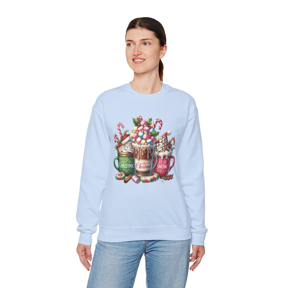 Hot Chocolate Mugs Christmas Hot Cocoa – Gildan Heavy Blend | Trendy Women’s Soft Sweatshirt. Direct to Garment. Printed & Shipped in the USA. Unisex Sizes.