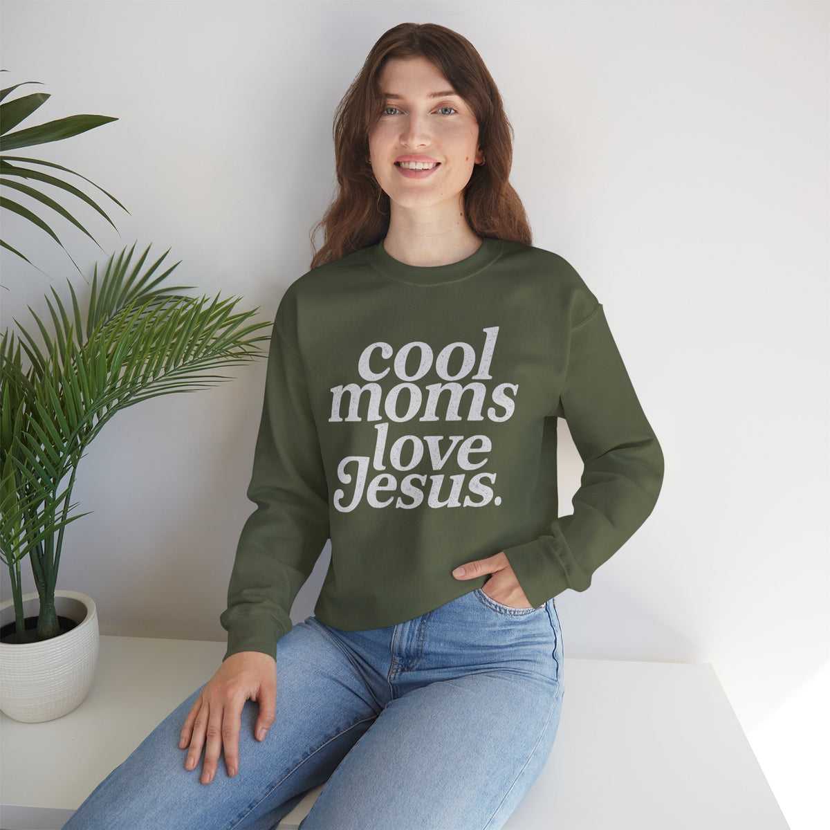 Cool Moms Love Jesus – Gildan Heavy Blend | Trendy Women’s Soft Sweatshirt. Direct to Garment. Printed & Shipped in the USA. Unisex Sizes.