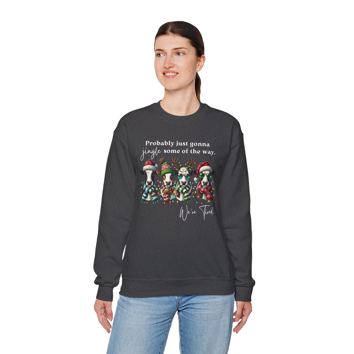 Christmas Cows - Probably Just Gonna Jingle Some Of The Way – Gildan Heavy Blend | Trendy Women’s and Men's Soft Sweatshirt. Direct to Garment. Printed & Shipped in the USA. Unisex Sizes.