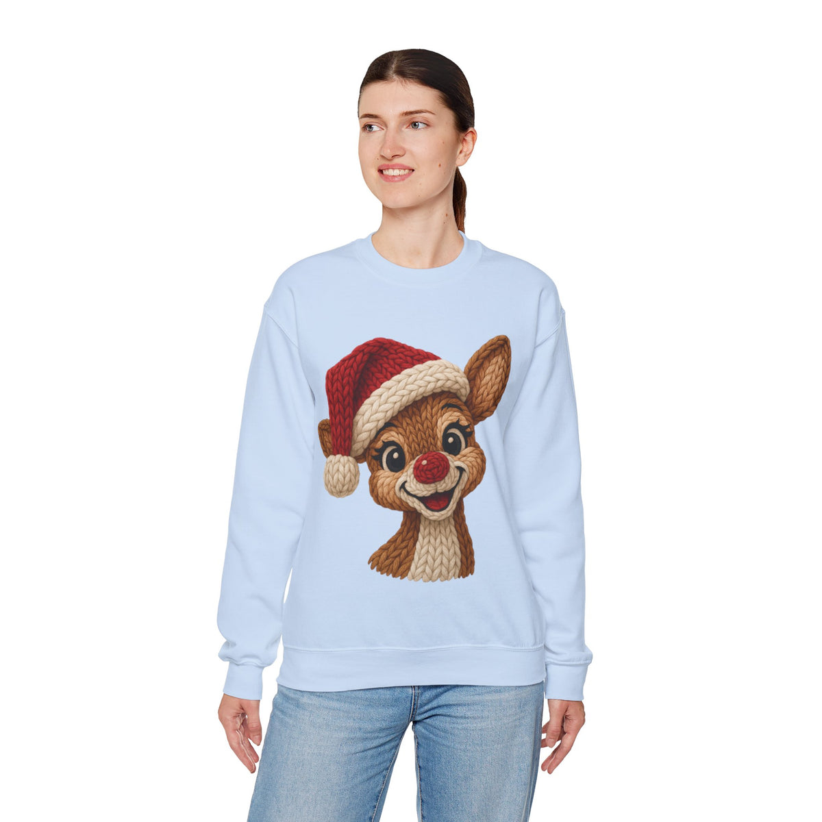 Cute Rudolph Faux Knit Look Reindeer w/Santa Hat – Gildan Heavy Blend | Trendy Women’s Soft Sweatshirt. Direct to Garment. Printed & Shipped in the USA. Unisex Sizes.