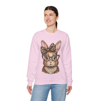 Bunny with Leopard Glasses and Bow – Gildan Heavy Blend | Trendy Women’s Soft Sweatshirt. Direct to Garment. Printed & Shipped in the USA. Unisex Sizes.