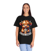 Coffee Addict Highland Cow Drinking Iced Coffee - Comfort Colors | Trendy Women's T-Shirt. Direct to Garment. Printed & Shipped in the USA. Unisex Sizes.