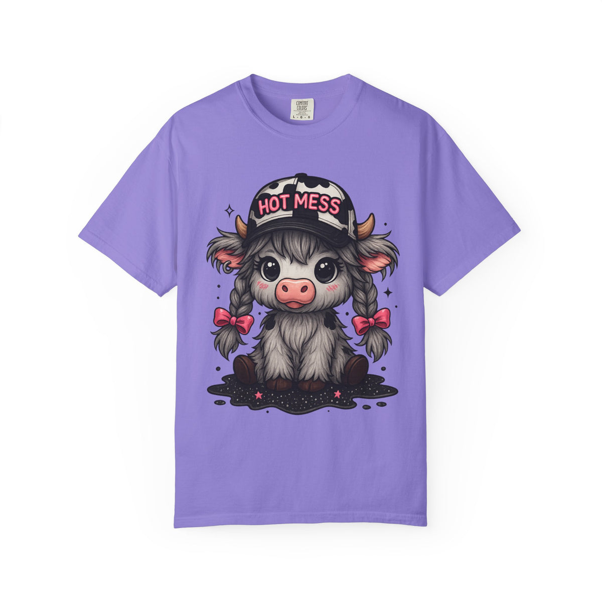Cute Highland Cow 'Hot Mess' In Braids  - Comfort Colors | Trendy Women's T-Shirt. Direct to Garment. Printed & Shipped in the USA. Unisex Sizes.