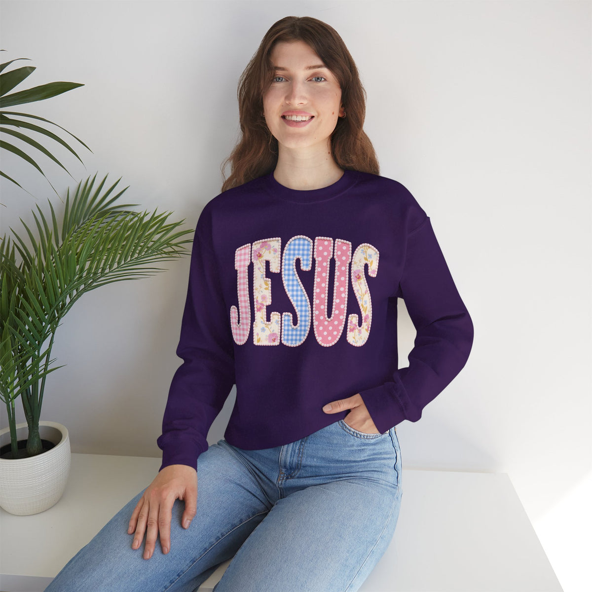 JESUS Pastel Faux Patchwork – Gildan Heavy Blend | Trendy Women’s Soft Sweatshirt. Direct to Garment. Printed & Shipped in the USA. Unisex Sizes.