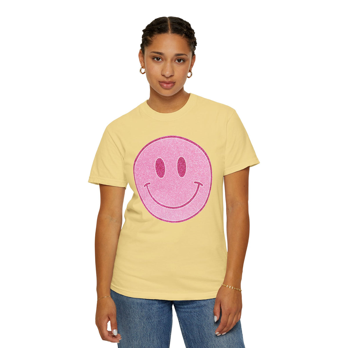 Faux Glitter Smiley - Comfort Colors | Trendy Women's T-Shirt. Direct to Garment. Printed & Shipped in the USA. Unisex Sizes.