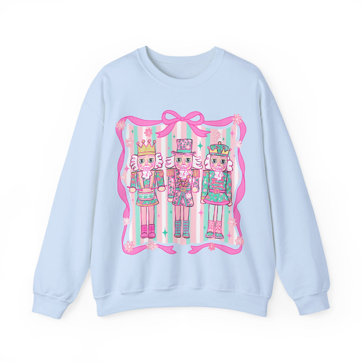 Coquette Pastel Christmas Nutcracker Trio Pink and Green – Gildan Heavy Blend | Trendy Women’s Soft Sweatshirt. Direct to Garment. Printed & Shipped in the USA. Unisex Sizes.