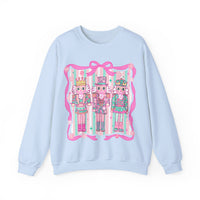 Coquette Pastel Christmas Nutcracker Trio Pink and Green – Gildan Heavy Blend | Trendy Women’s Soft Sweatshirt. Direct to Garment. Printed & Shipped in the USA. Unisex Sizes.