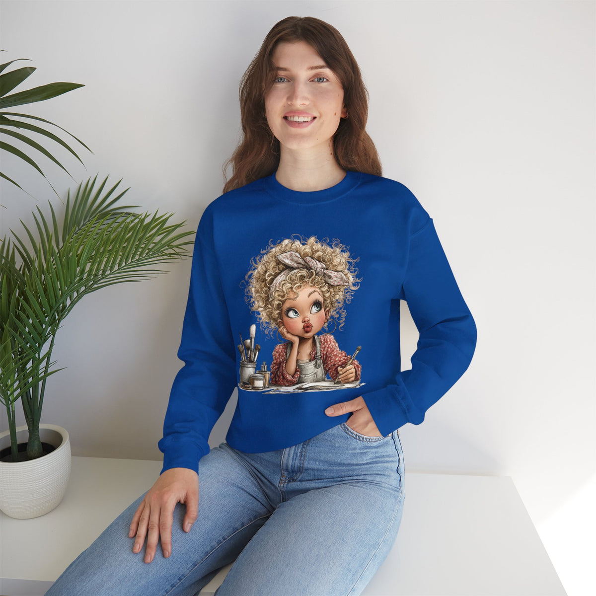 Cute Artist Curly Girl – Gildan Heavy Blend | Trendy Women’s Soft Sweatshirt. Direct to Garment. Printed & Shipped in the USA. Unisex Sizes.