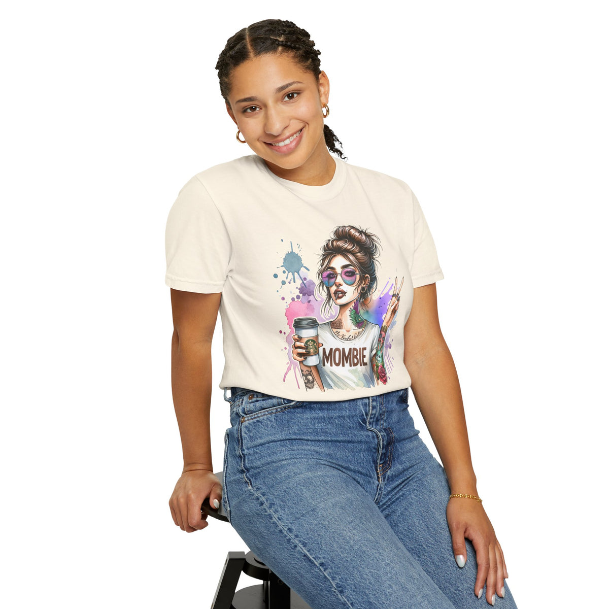 Cool Mombie with Coffee Peace Tattoo - Comfort Colors | Trendy Women's T-Shirt. Direct to Garment. Printed & Shipped in the USA. Unisex Sizes.