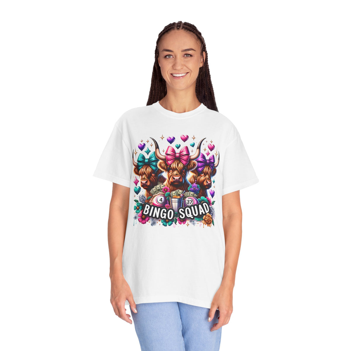 Cute Highland Cows Bingo Squad - Comfort Colors | Trendy Women's T-Shirt. Direct to Garment. Printed & Shipped in the USA. Unisex Sizes.