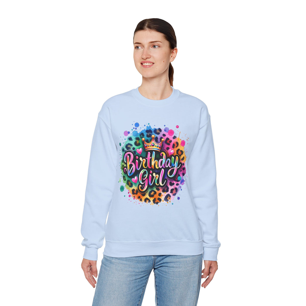 Birthday Girl, Neon Leopard – Gildan Heavy Blend | Trendy Women’s Soft Sweatshirt. Direct to Garment. Printed & Shipped in the USA. Unisex Sizes.