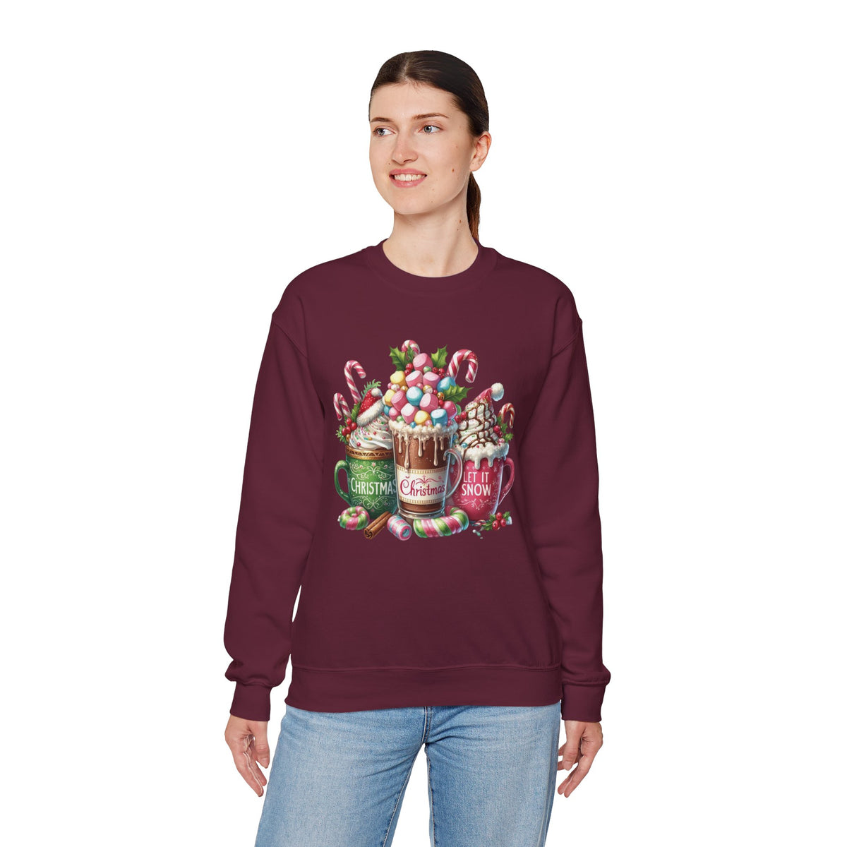Hot Chocolate Mugs Christmas Hot Cocoa – Gildan Heavy Blend | Trendy Women’s Soft Sweatshirt. Direct to Garment. Printed & Shipped in the USA. Unisex Sizes.