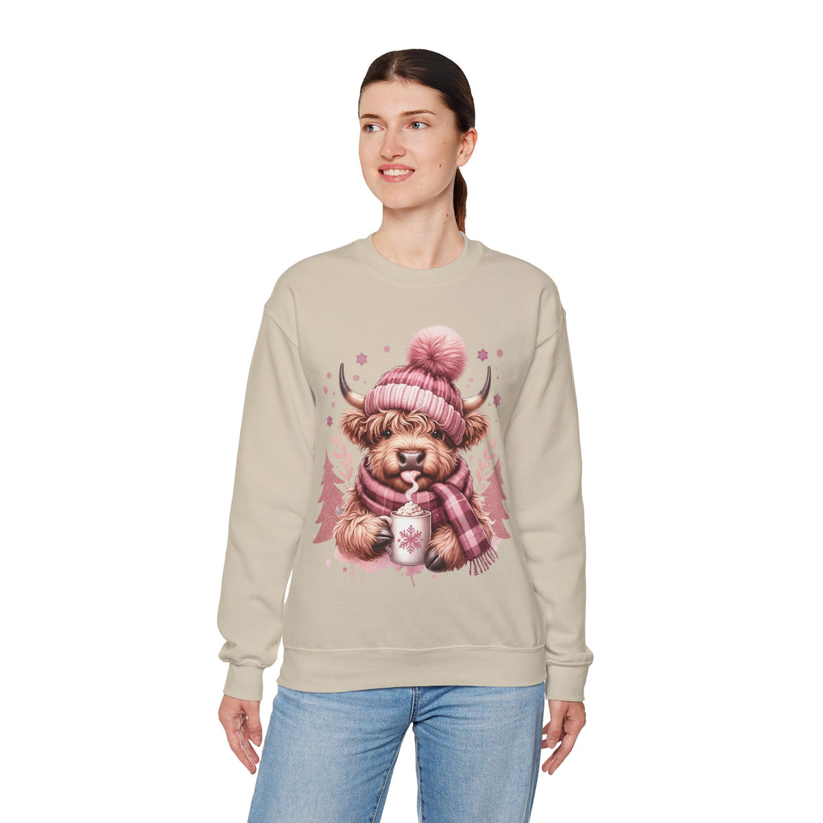 Cozy Highland Cow, Winter Coffee Mug & Scarf Pink – Gildan Heavy Blend | Trendy Women’s Soft Sweatshirt. Direct to Garment. Printed & Shipped in the USA. Unisex Sizes.