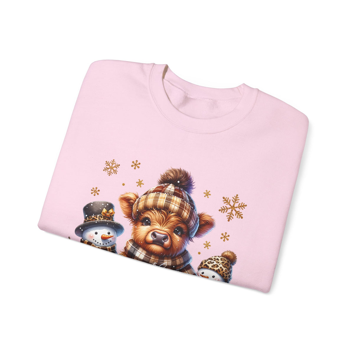 Cute Highland Cow with Snowmen, Winter – Gildan Heavy Blend | Trendy Women’s Soft Sweatshirt. Direct to Garment. Printed & Shipped in the USA. Unisex Sizes.