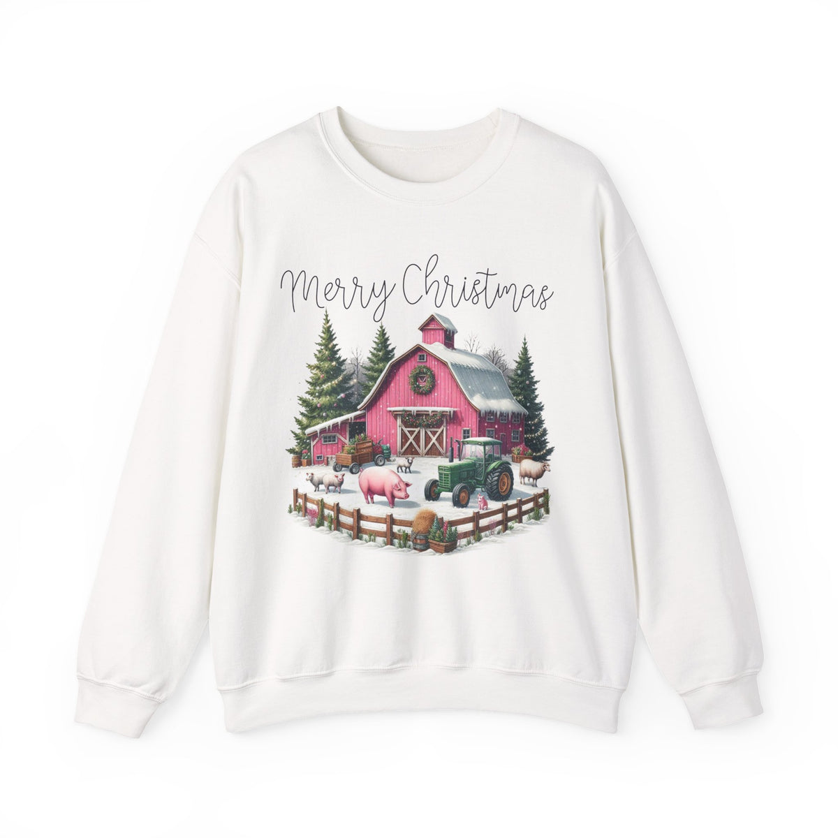 Merry Christmas Pink Barn Farm Animals – Gildan Heavy Blend | Trendy Women’s Soft Sweatshirt. Direct to Garment. Printed & Shipped in the USA. Unisex Sizes.