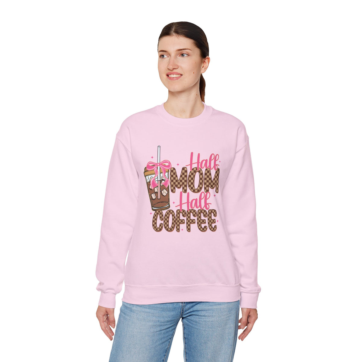 Half Mom Half Coffee, Cute Leopard Print Coffee Design – Gildan Heavy Blend | Trendy Women’s Soft Sweatshirt. Direct to Garment. Printed & Shipped in the USA. Unisex Sizes.