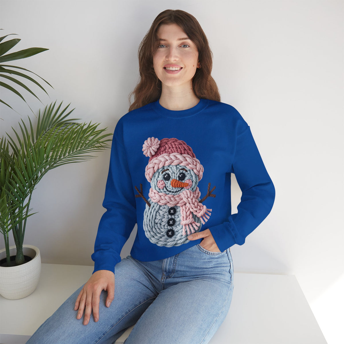 Cute Yarn Snowman - Pink Scarf Faux Yarn – Gildan Heavy Blend | Trendy Women’s Soft Sweatshirt. Direct to Garment. Printed & Shipped in the USA. Unisex Sizes.