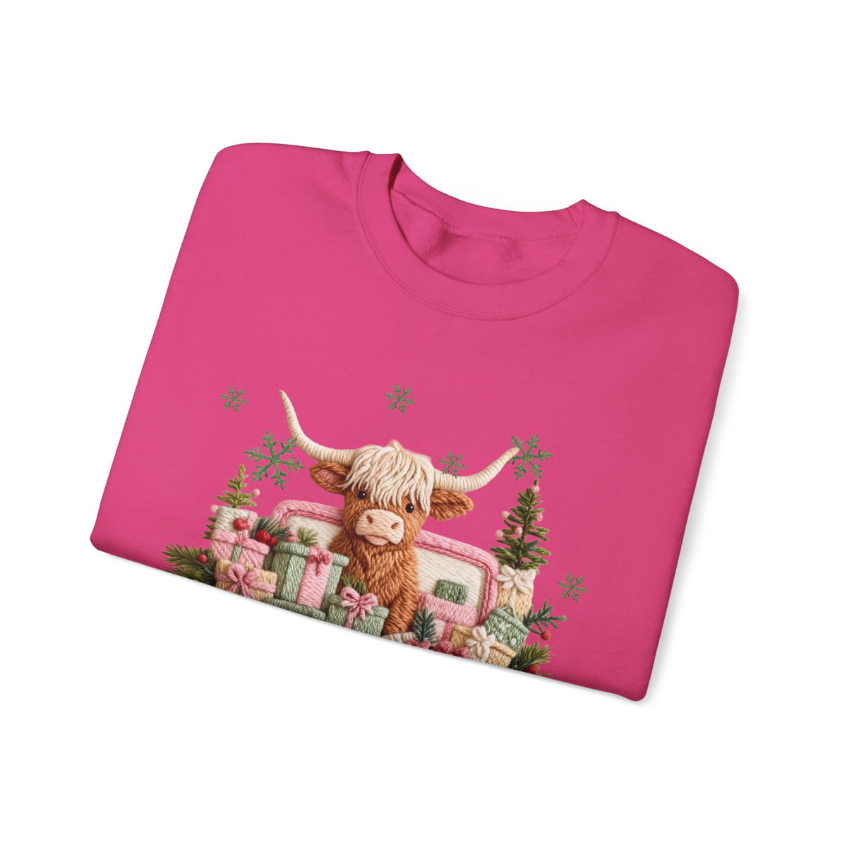 Highland Cow in Pink Truck Merry Christmas Holiday Farmhouse – Gildan Heavy Blend | Trendy Women’s Soft Sweatshirt. Direct to Garment. Printed & Shipped in the USA. Unisex Sizes.