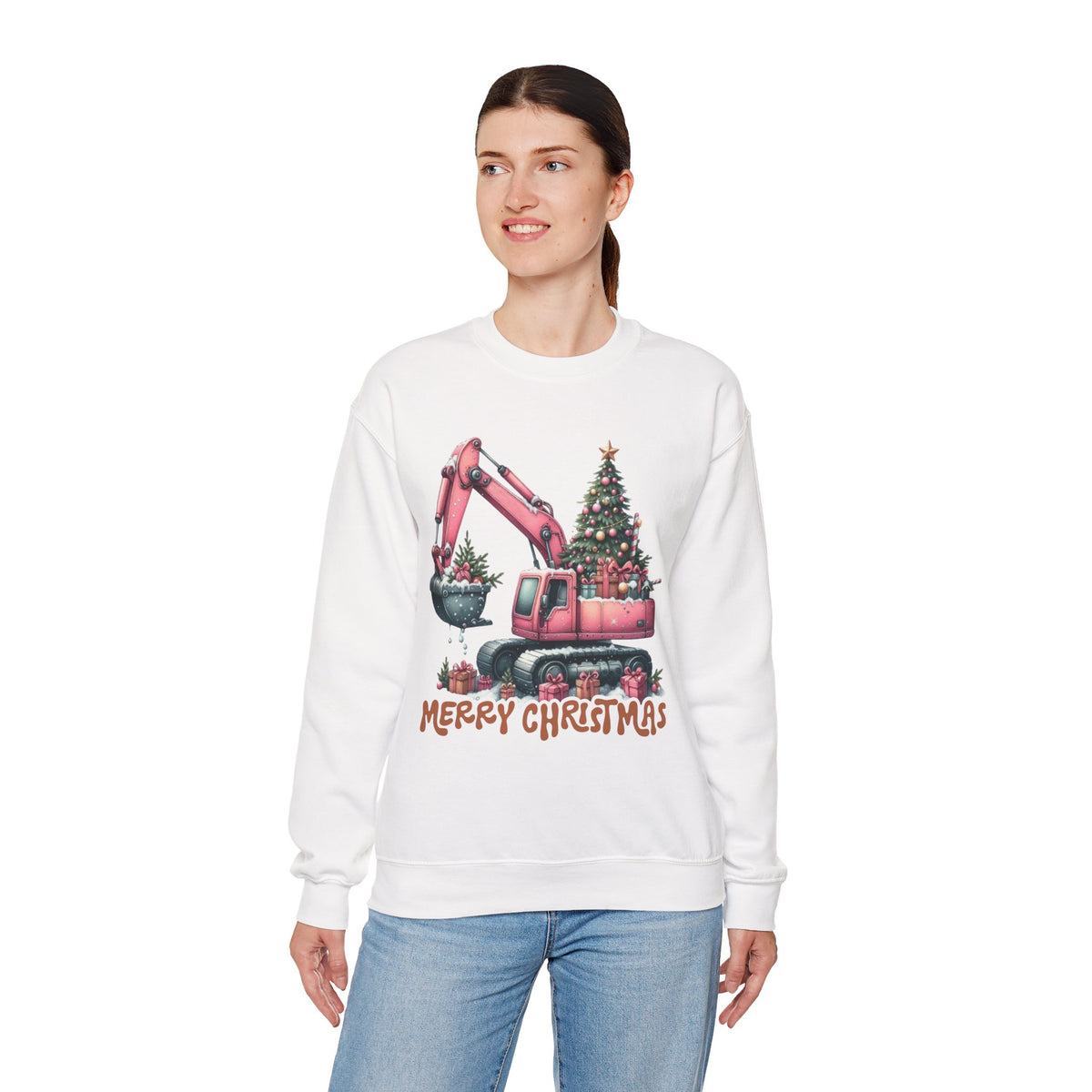 Excavator Merry Christmas Construction – Gildan Heavy Blend | Trendy Women’s Soft Sweatshirt. Direct to Garment. Printed & Shipped in the USA. Unisex Sizes.