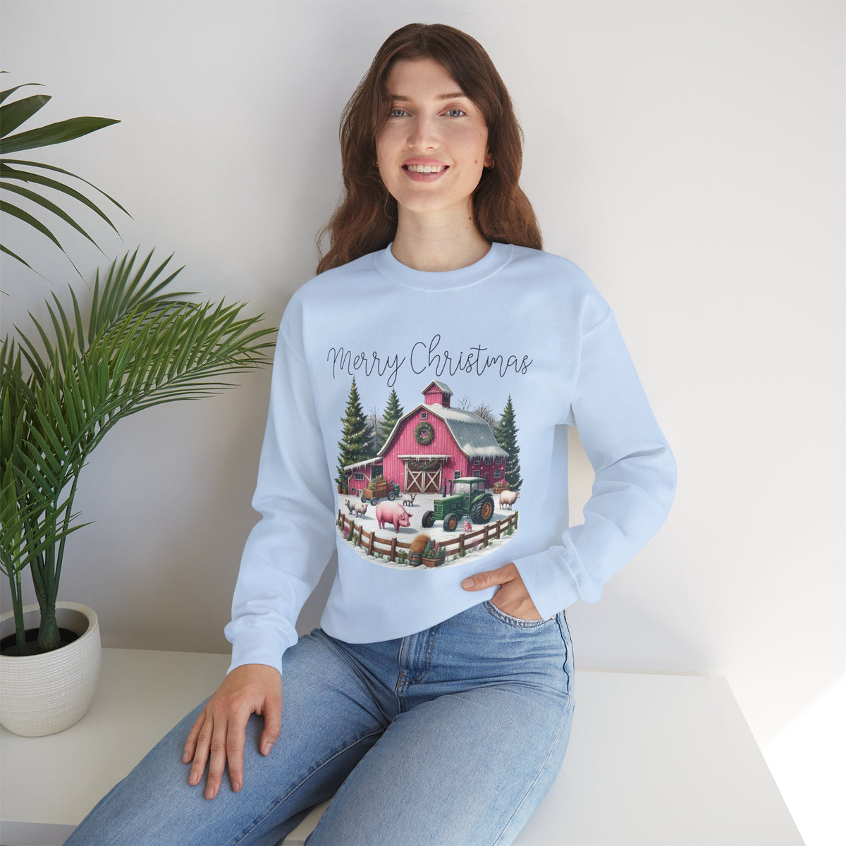 Merry Christmas Pink Barn Farm Animals – Gildan Heavy Blend | Trendy Women’s Soft Sweatshirt. Direct to Garment. Printed & Shipped in the USA. Unisex Sizes.
