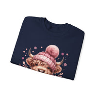 Cozy Highland Cow, Winter Coffee Mug & Scarf Pink – Gildan Heavy Blend | Trendy Women’s Soft Sweatshirt. Direct to Garment. Printed & Shipped in the USA. Unisex Sizes.