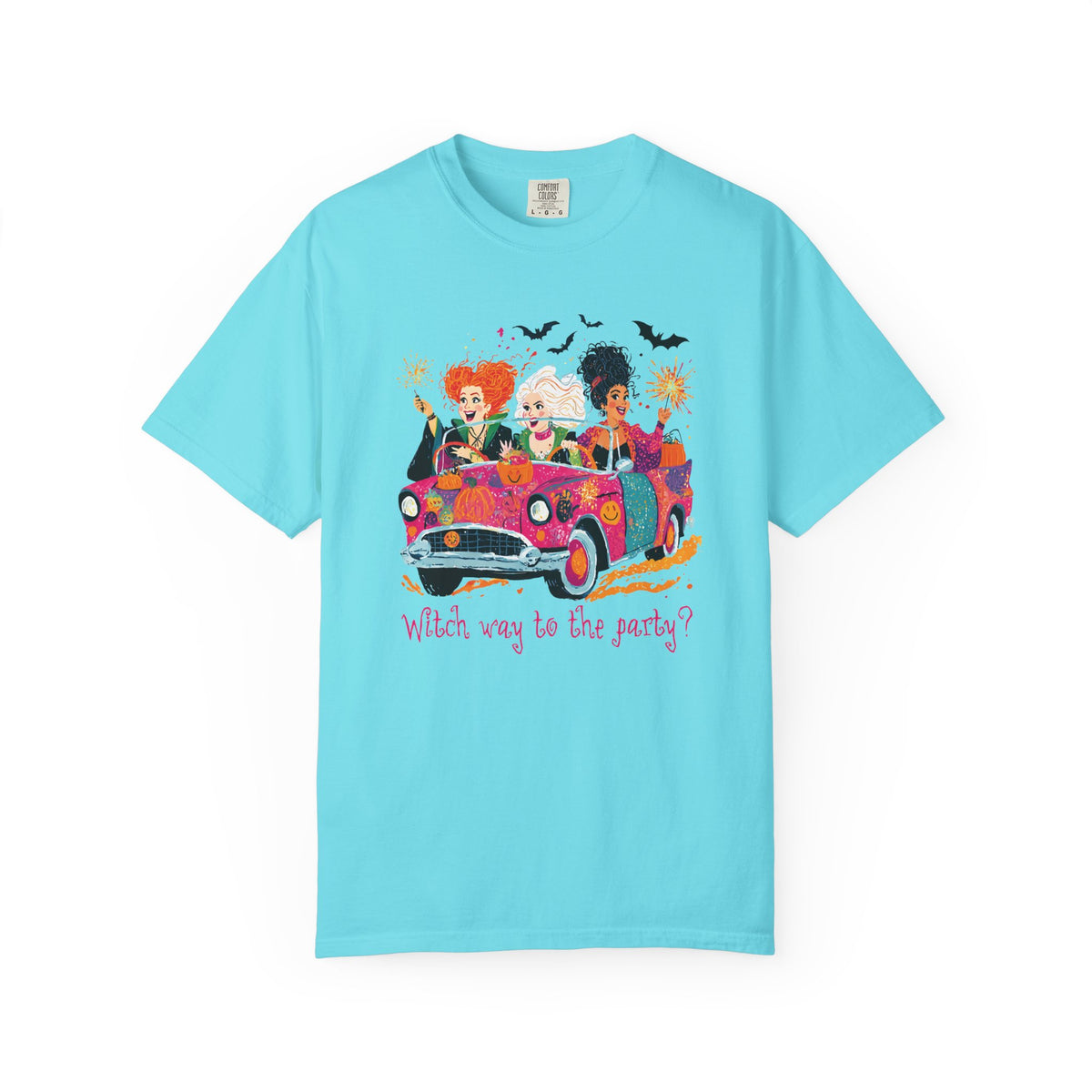 Witch Way to the Party? - Comfort Colors | Trendy Women's T-Shirt. Direct to Garment. Printed & Shipped in the USA. Unisex Sizes.