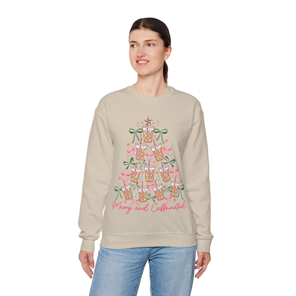 Merry and Caffeinated Iced Coffee Christmas Tree – Gildan Heavy Blend | Trendy Women’s Soft Sweatshirt. Direct to Garment. Printed & Shipped in the USA. Unisex Sizes.