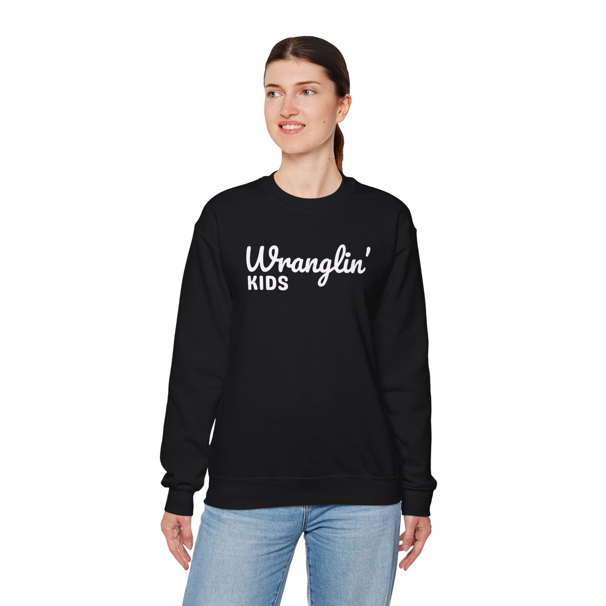 Wranglin' Kids Funny Mom Dad – Gildan Heavy Blend | Trendy Women’s and Men's Soft Sweatshirt. Direct to Garment. Printed & Shipped in the USA. Unisex Sizes.