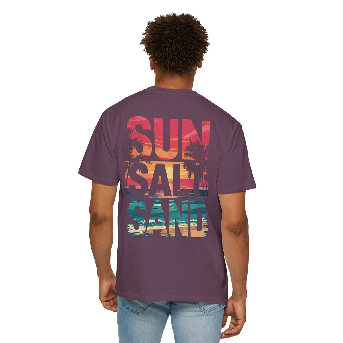 Sun Salt Sand, Beach Sunset - Front & Back Print - Comfort Colors | Trendy Women's and Men's T-Shirt. Direct to Garment. Printed & Shipped in the USA. Unisex Sizes.