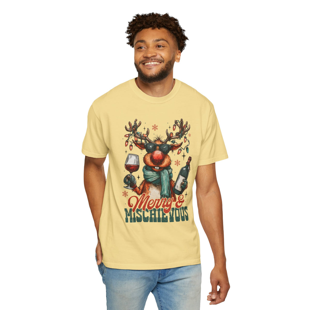 Merry & Mischievous Reindeer - Comfort Colors | Trendy Women's and Men's T-Shirt. Direct to Garment. Printed & Shipped in the USA. Unisex Sizes.