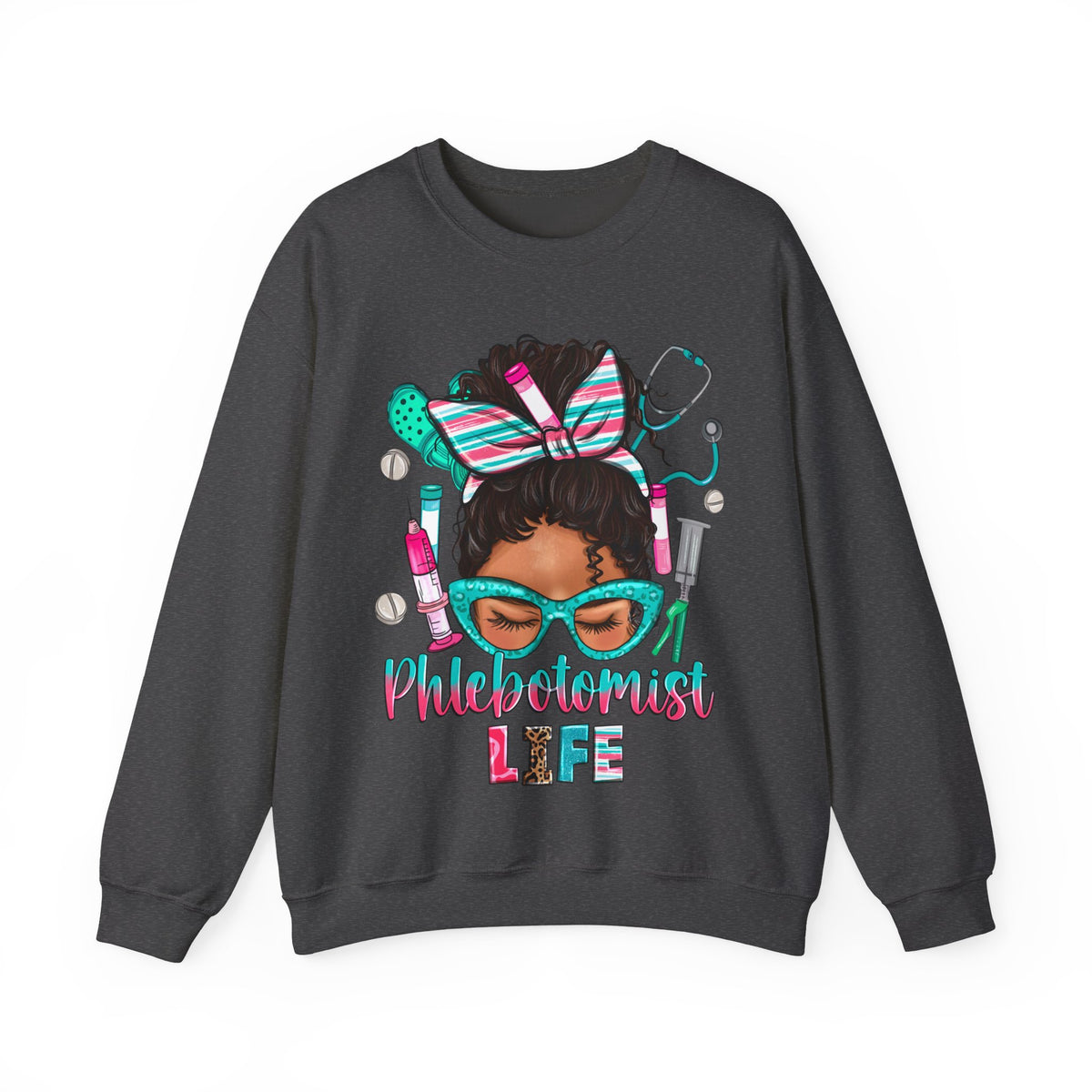 Phlebotomist Life, Messy Bun – Gildan Heavy Blend | Trendy Women’s Soft Sweatshirt. Direct to Garment. Printed & Shipped in the USA. Unisex Sizes.