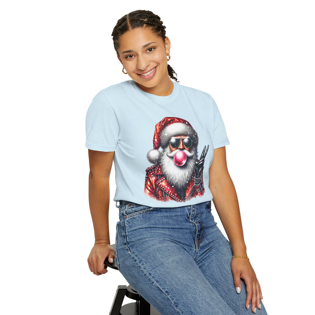 Biker Santa Leather Jacket Bubblegum - Comfort Colors | Trendy Women's and Men's T-Shirt. Direct to Garment. Printed & Shipped in the USA. Unisex Sizes.