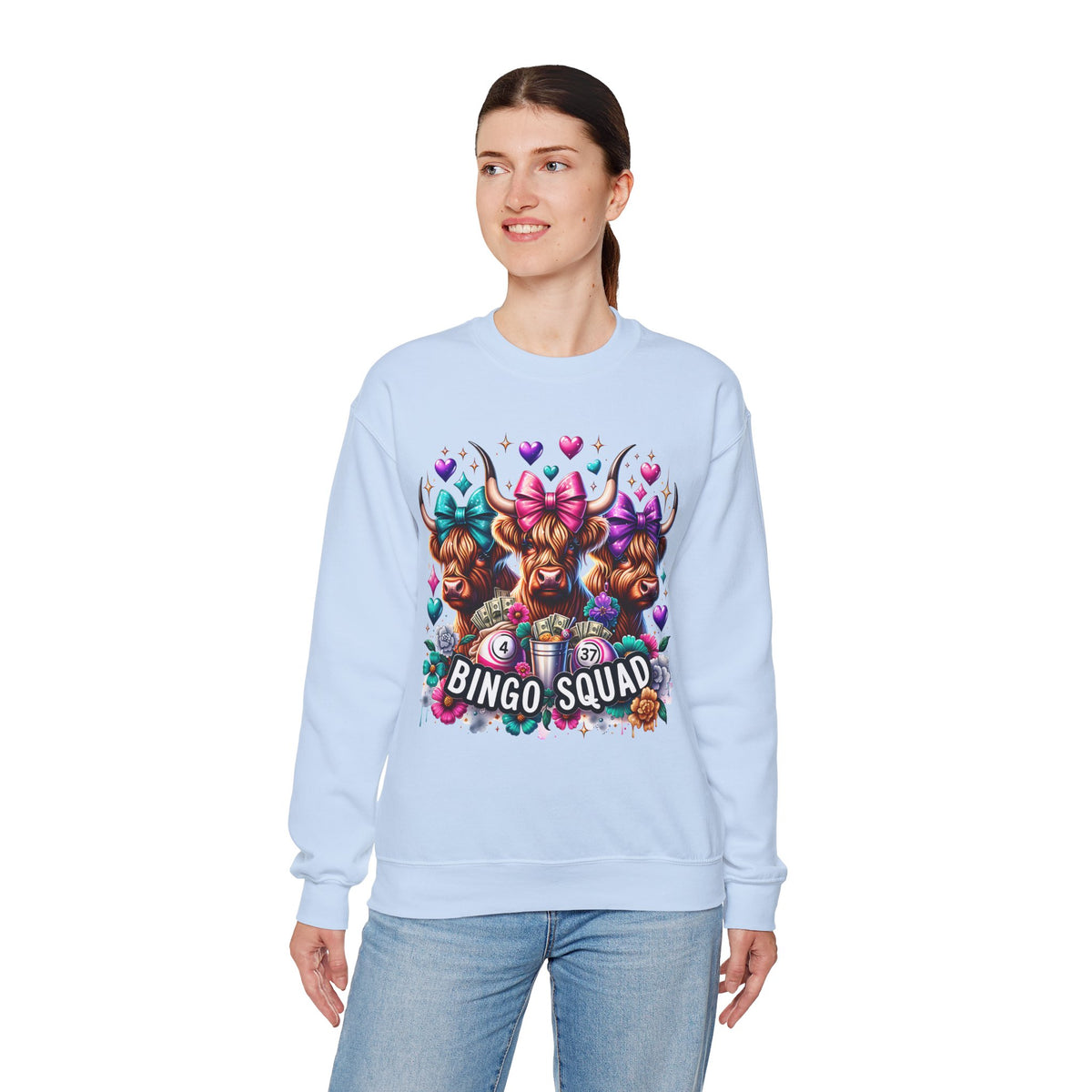 Cute Highland Cows Bingo Squad – Gildan Heavy Blend | Trendy Women’s Soft Sweatshirt. Direct to Garment. Printed & Shipped in the USA. Unisex Sizes.
