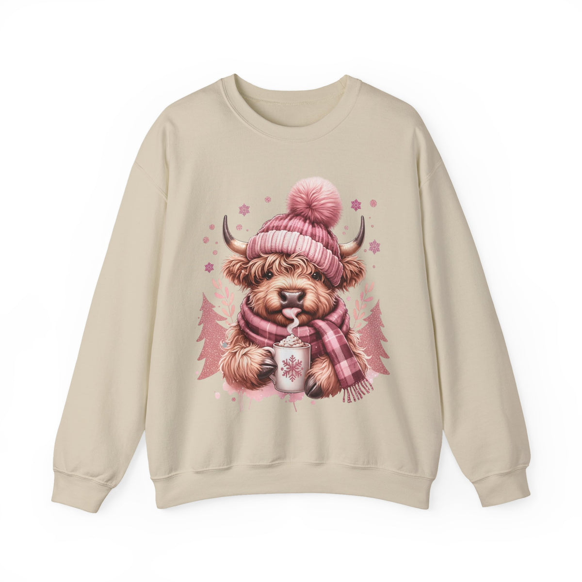 Cozy Highland Cow, Winter Coffee Mug & Scarf Pink – Gildan Heavy Blend | Trendy Women’s Soft Sweatshirt. Direct to Garment. Printed & Shipped in the USA. Unisex Sizes.