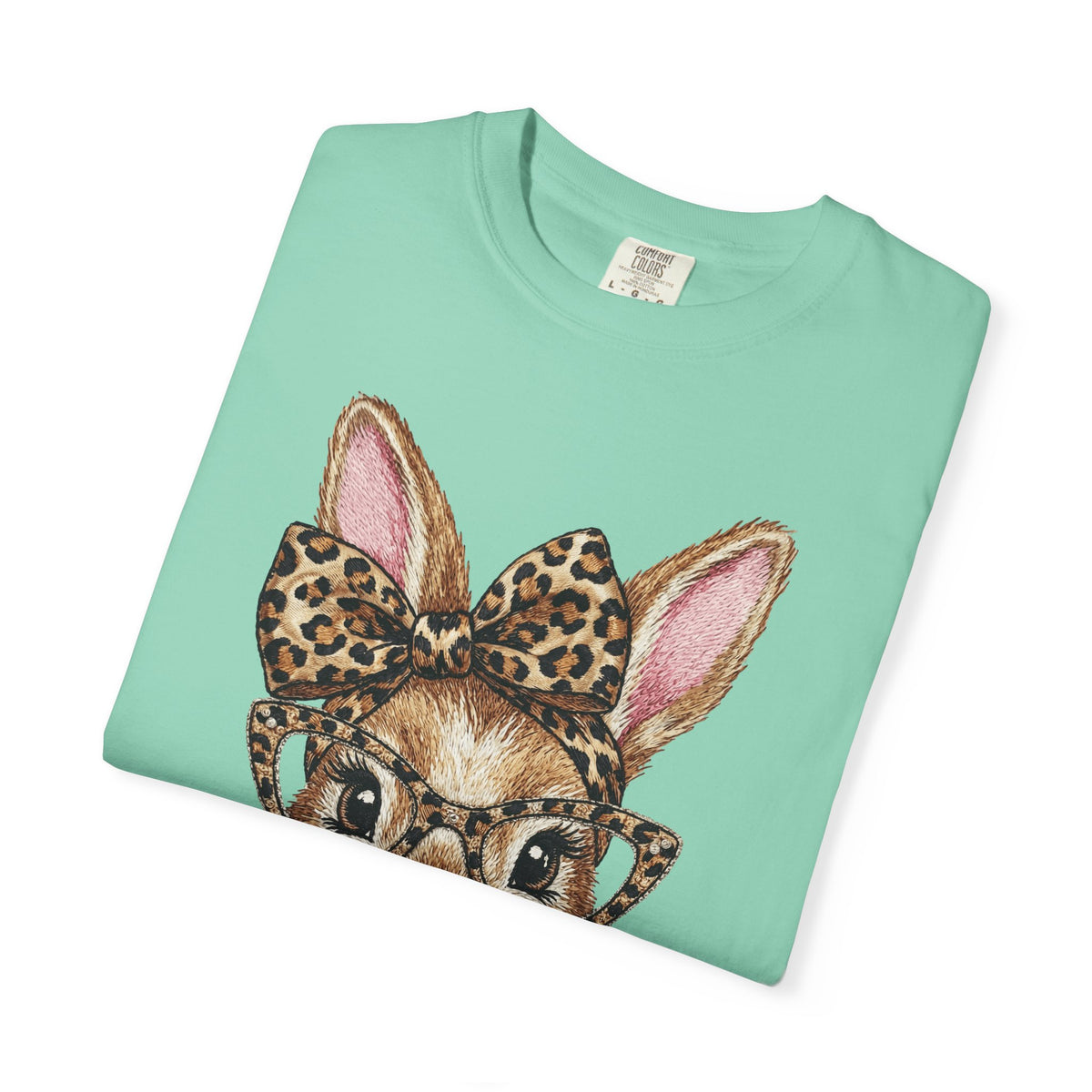 Bunny with Leopard Bow and Glasses - Comfort Colors | Trendy Women's T-Shirt. Direct to Garment. Printed & Shipped in the USA. Unisex Sizes.